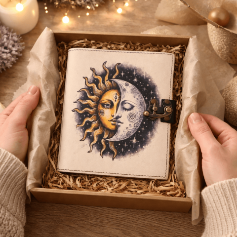 Jurnal Vintage din Piele – Soare si Luna, Hartie Bumbac, 190-200 Pagini [4]