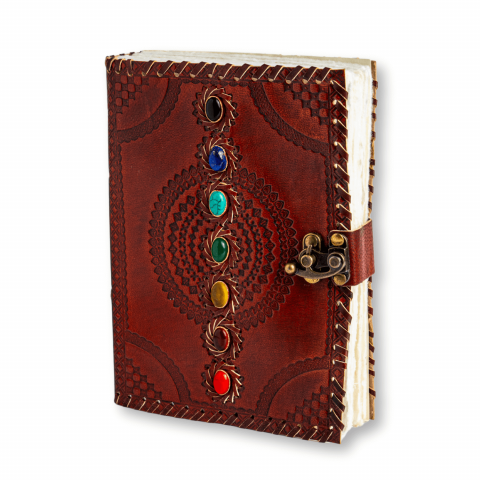 Instrumente și Accesorii Spirituale - Calatorie interioara in stil vintage – Jurnal din piele naturala cu pietre pentru 7 chakre si hartie de bumbac alba