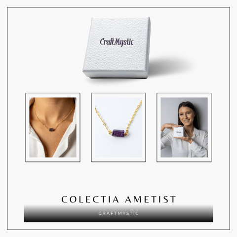 Colier otel inoxidabil auriu cu ametist natural brut – Claritate si echilibru interior [6]