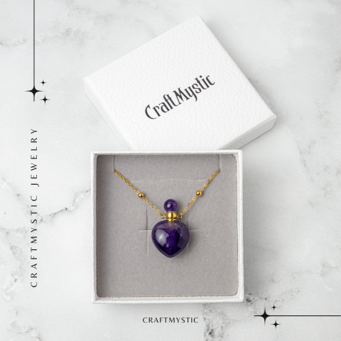 Claritate si Protectie – Colier Inima Sticluta cu Ametist Natural, Lant din cupru Placat Auriu [6]