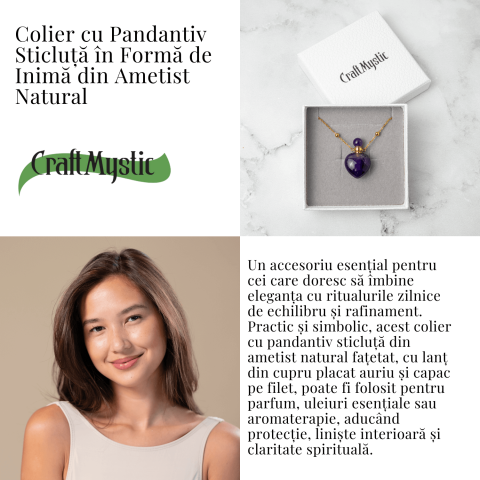 Claritate si Protectie – Colier Inima Sticluta cu Ametist Natural, Lant din cupru Placat Auriu [4]