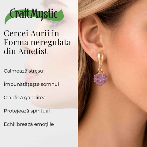 Cercei Aurii cu Ametist Natural Brut – Eleganta si Energie Feminina [2]