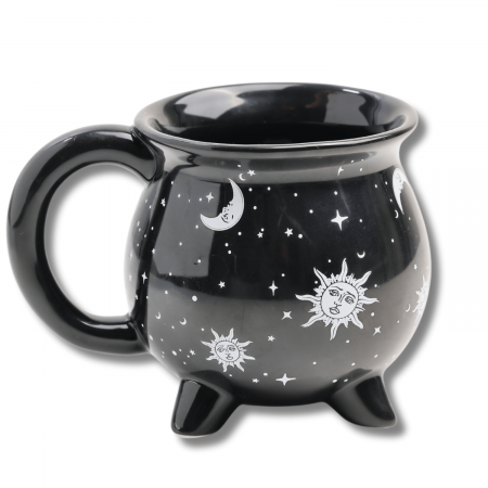 Instrumente și Accesorii Spirituale - Cana din Ceramica in Forma de Ceaun cu Design Soare si Luna - Cadou Inedit pentru Iubitorii de Magie si Mister