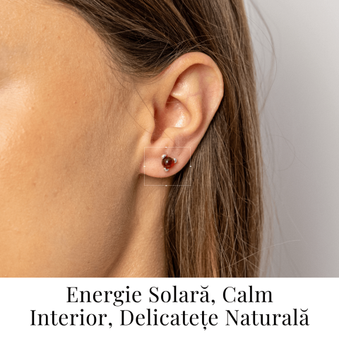 Cercei Argint 925 cu Chihlimbar rosu inchis Natural Rotund – Energie Solara, Delicatețe si Protectie [1]