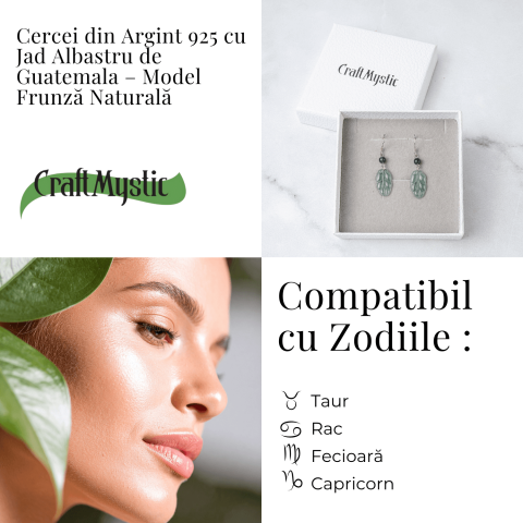 Cercei Argint 925 cu Jad Albastru Guatemala – Model Frunza Naturala pentru Puritate si Armonie Interioara [3]