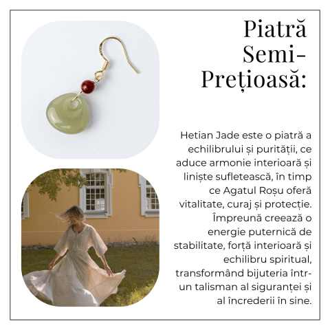 Cercei Argint 925 placat cu Aur, cu Hetian Jade si Agat Rosu Natural – Echilibru si Protectie Spirituala [5]