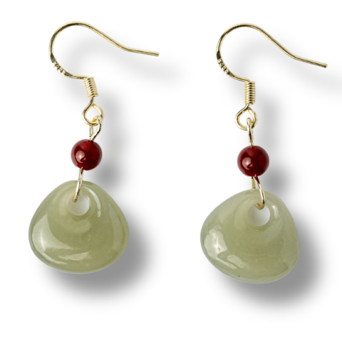 Claritate Mentala si Focus - Cercei Argint 925 placat cu Aur, cu Hetian Jade si Agat Rosu Natural – Echilibru si Protectie Spirituala