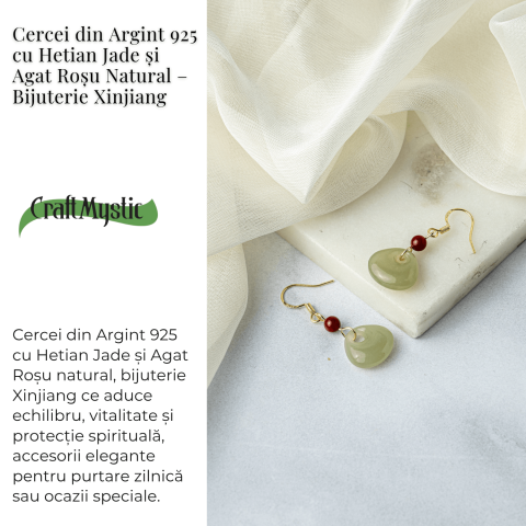 Cercei Argint 925 placat cu Aur, cu Hetian Jade si Agat Rosu Natural – Echilibru si Protectie Spirituala [2]