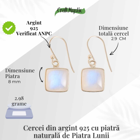 Cercei Argint 925 cu Piatra Lunii Curcubeu Patrat – Intuitie si Echilibru Emotional [3]