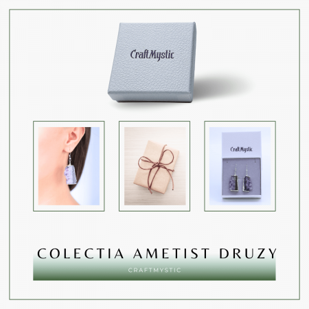 Descopera acum cum acesti cercei unici cu Ametist druzy pot aduce calm si echilibru spiritual in viata ta.  Cadoul Perfect pentru Cei Dragi: Acești cercei eleganți cu piatră naturală de Ametist druzy în formă neregulată sunt cadoul ideal pentru persoanele care apreciază bijuteriile unice și pline de semnificație. Sunt potriviți pentru aniversări, sărbători sau orice ocazie specială, oferind un simbol al păcii și echilibrului interior.  Beneficiile Ametistului: Ametistul druzy este cunoscut pentru capacitatea sa de a calma mintea și de a oferi protecție spirituală. Purtând acești cercei, vei experimenta o reducere a stresului și o creștere a clarității mentale. Această piatră este ideală pentru meditație și pentru a aduce un echilibru emoțional în viața de zi cu zi, promovând liniștea interioară.  Semnificație și Design: Acești cercei argintii cu Ametist druzy în formă neregulată nu sunt doar bijuterii frumoase, ci și simboluri ale echilibrului și protecției spirituale. Cu o dimensiune a pietrei de 3-3.5 cm și o greutate aproximativă de 10 grame per cercel, acești cercei sunt suficient de impunători pentru a atrage atenția, dar și confortabili pentru purtarea zilnică. Prinderea cu cârlig asigură o fixare sigură și ușor de utilizat.  Unicitate și Frumusețe: Pietrele de Ametist druzy utilizate sunt naturale, ceea ce înseamnă că fiecare pereche de cercei este unică. Pot exista mici variații de culoare și textură față de imaginile prezentate, conferind fiecărei perechi o frumusețe distinctă și un farmec aparte.  Zodii Compatibile: Ametistul este o piatră potrivită pentru zodiile Pești, Vărsător, Capricorn și Fecioară. Aceasta promovează calmul, echilibrul emoțional și protecția spirituală, fiind ideală pentru cei care doresc să își îmbunătățească conexiunea spirituală și să reducă stresul zilnic.  Cum Să Folosești Produsul în 3 Pași Simpli:  Deschide cârligul cerceilor și introdu-i în urechi. Fixează cârligul pentru a asigura o prindere sigură. Poartă-i zilnic pentru a beneficia de calmul și echilibrul oferite de Ametistul druzy. Specificații Tehnice:  Dimensiune piatră: 3-3.5 cm Greutate aproximativă per cercel: 10 grame Tipul de prindere: Cârlig Tipul metalului și culoarea: Metal comun argintiu, folosit în mod uzual la bijuterii, rezistent la oxidare Notă privind pietrele: Pietrele utilizate sunt naturale, astfel că pot exista diferențe față de poze în ceea ce privește textura și mici variații de culoare, asigurând unicitatea și frumusețea fiecărei perechi de cercei. Adaugă acești cercei cu Ametist druzy în coșul tău de cumpărături acum și bucură-te de calmul și echilibrul spiritual pe care le pot aduce în viața ta! Fă un pas înainte spre liniște interioară și protecție spirituală cu aceste bijuterii unice. [6]