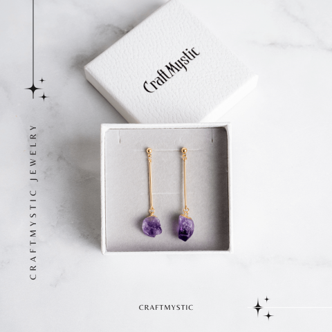 Cercei Aurii Lungii cu Ametist Brut Natural – Eleganta si Protectie Spirituala [7]