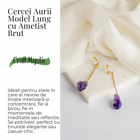 Cercei Aurii Lungii cu Ametist Brut Natural – Eleganta si Protectie Spirituala [2]