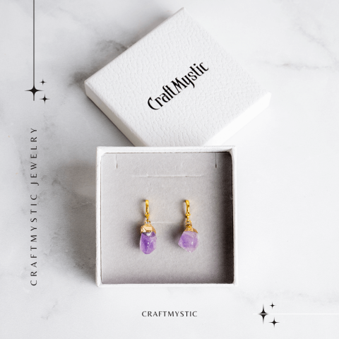 Cercei Aurii cu Ametist Brut Natural –Energie si Echilibru [7]