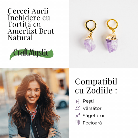Cercei Aurii cu Ametist Brut Natural –Energie si Echilibru [4]