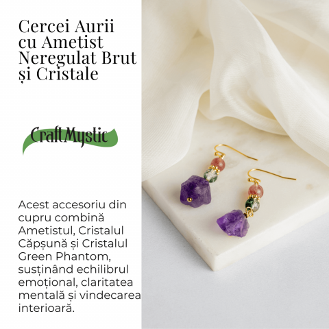 Cercei Aurii cu Ametist Brut, Cristal Capsuna si Green Phantom - Unici si Eleganti [2]