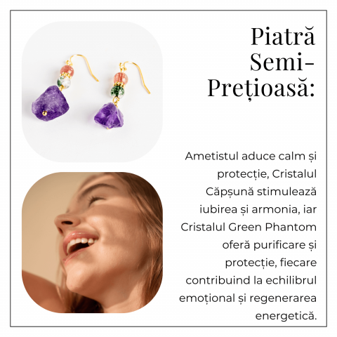 Cercei Aurii cu Ametist Brut, Cristal Capsuna si Green Phantom - Unici si Eleganti [5]
