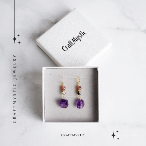 Cercei Aurii cu Ametist Brut, Cristal Capsuna si Green Phantom - Unici si Eleganti [6]