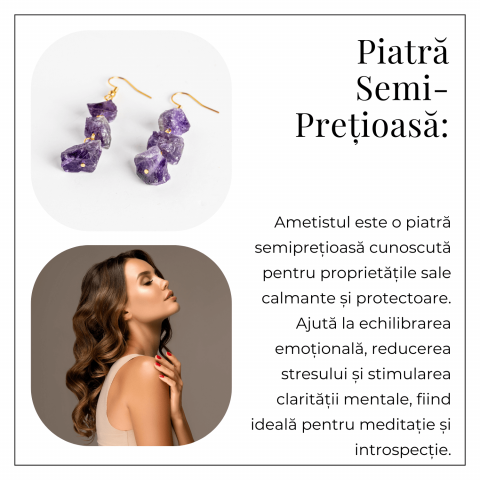 Cercei Aurii cu Triplu Piatra Ametist Brut Natural – Energie, Stil si Unicitate [5]