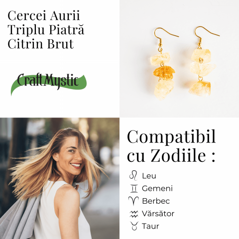 Cercei Aurii cu Triplu Piatra de Citrin Brut – Putere si Energie Pozitiva [4]