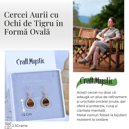 Cercei aurii ochi de tigru oval, pentru protectie si curaj [3]