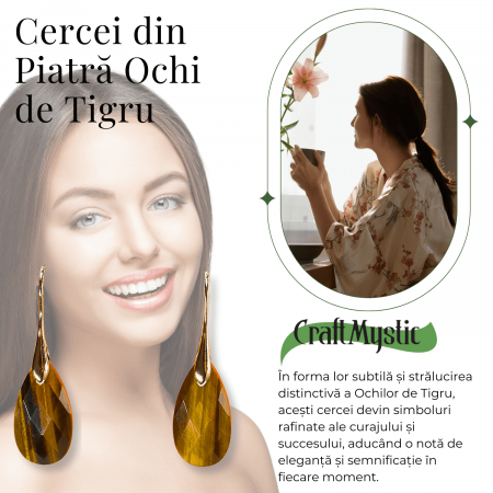 Cercei Eleganti cu Metal Auriu si Piatra Naturala din Ochi de Tigru Fatetat [4]