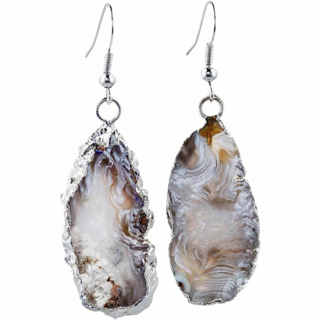 Cercei cu piatra semipretioasa naturala onyx deschis forma geoda cu metal placat argintiu [4]