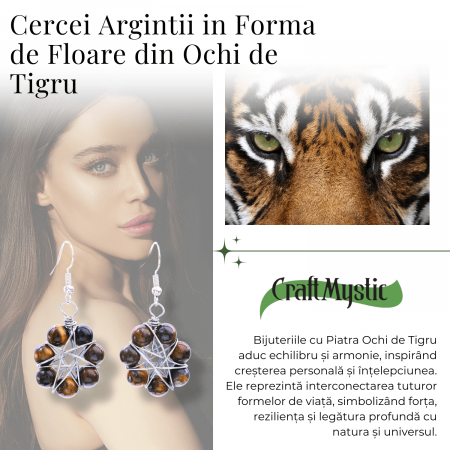 Cercei Argintii in Forma de Floare cu Ochi de Tigru - Sporirea Curajului si Claritatii Mentale [3]