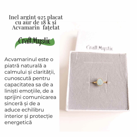 Inel cu Acvamarin Fatetat din Argint 925 placat cu Aur de 18K 1.54 gr – Liniste Interioara si Claritate in Comunicarea Sufletului [2]