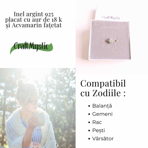 Inel cu Acvamarin Fatetat din Argint 925 placat cu Aur de 18K 1.54 gr – Liniste Interioara si Claritate in Comunicarea Sufletului [4]