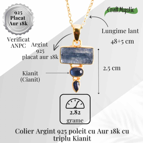 Comunicare Autentica si Echilibru – Colier inox si pandantiv argint 925 placat cu aur de18k si Triplu Kianit [4]