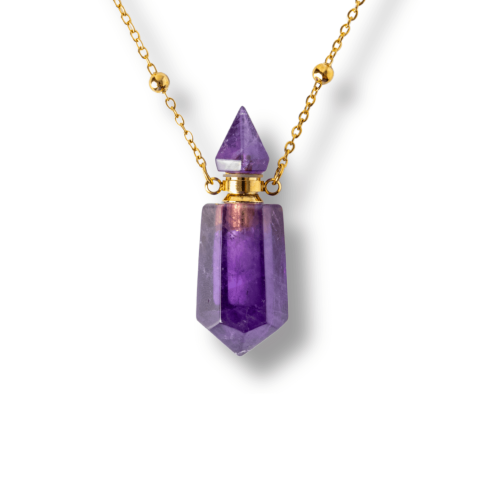 Protectie - Protectie si Claritate – Colier Sticluta Pendul din Ametist Natural, lant cupru Placat Auriu