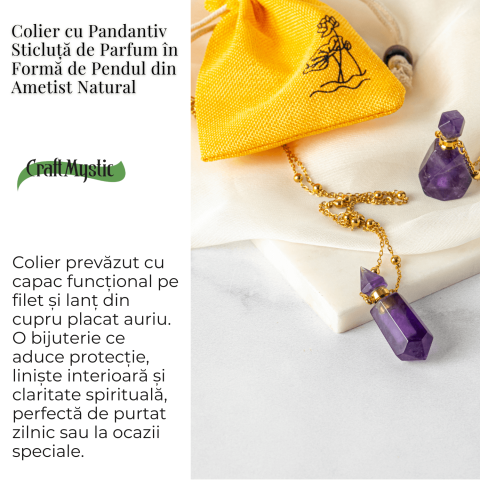 Protectie si Claritate – Colier Sticluta Pendul din Ametist Natural, lant cupru Placat Auriu [2]