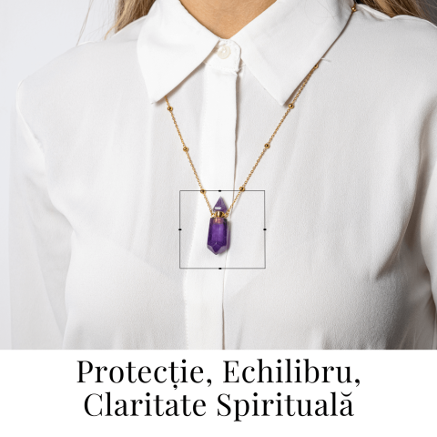 Protectie si Claritate – Colier Sticluta Pendul din Ametist Natural, lant cupru Placat Auriu [1]