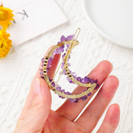 Cleme de par in forma de semiluna cu piatra naturala semipretioasa Ametist pentru un look chic si vibratii pozitive [2]