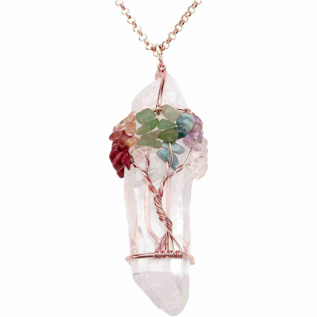 Coliere - Colier 7 chakra cu Cristal de Stanca, infasurat intr-o sarma de cupru cu pietre semipretioase sparte, sub forma unui copac al vietii