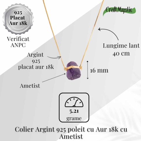 Colier Ametist Brut din Argint 925 Placat cu Aur 18K – Claritate Mentala si Liniște Interioara [4]