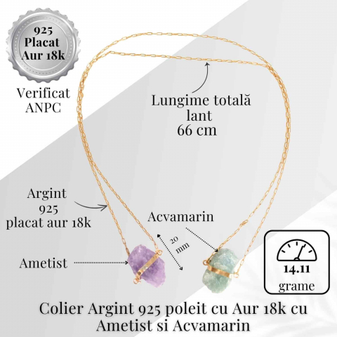 Colier Ametist si Acvamarin Brut din Argint 925 Placat cu Aur 18K – Echilibru Emotional si Claritate Mentala [5]