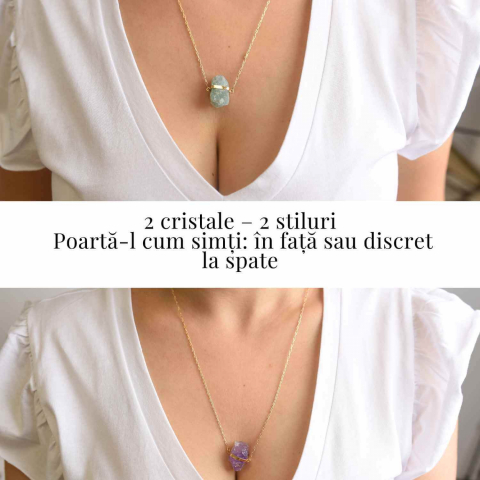 Colier Ametist si Acvamarin Brut din Argint 925 Placat cu Aur 18K – Echilibru Emotional si Claritate Mentala [2]