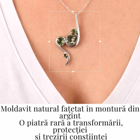 Colier Argint 925 rodiat cu Moldavit natural fatetat 3.4 g – trezirea constiintei si transformare interioara [1]