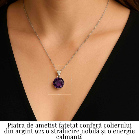 Colier Argint 925 cu Ametist Fatetat Rotund – Claritate Mentala si Protectie Spirituala [1]