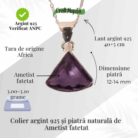 Colier Argint 925 cu Ametist Fatetat Triunghi – Protectie, Claritate si Echilibru Spiritual [3]
