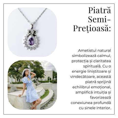 Colier Argint 925 cu Ametist Natural si Zirconiu – Pandantiv Ghirlanda cu Fundita, Simbol al Linistii Interioare si Protectiei Energetice [5]