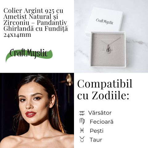 Colier Argint 925 cu Ametist Natural si Zirconiu – Pandantiv Ghirlanda cu Fundita, Simbol al Linistii Interioare si Protectiei Energetice [3]