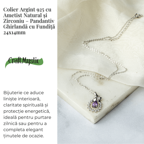 Colier Argint 925 cu Ametist Natural si Zirconiu – Pandantiv Ghirlanda cu Fundita, Simbol al Linistii Interioare si Protectiei Energetice [2]