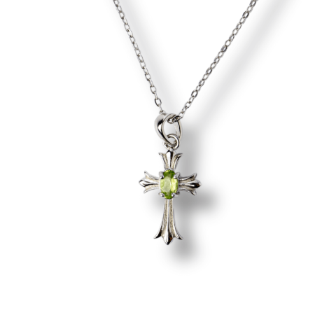 Incredere si Curaj - Colier Argint 925 cu Peridot Natural in Forma de Cruce – Armonie Interioara si Protectie Divina