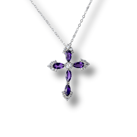 Meditatie si Spiritualitate - Colier Argint 925 cu Crucifix din Ametist Natural si Zirconiu – Simbol al Linistii Interioare si Protectiei Spirituale