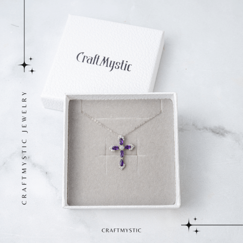 Colier Argint 925 cu Crucifix din Ametist Natural si Zirconiu – Simbol al Linistii Interioare si Protectiei Spirituale [6]