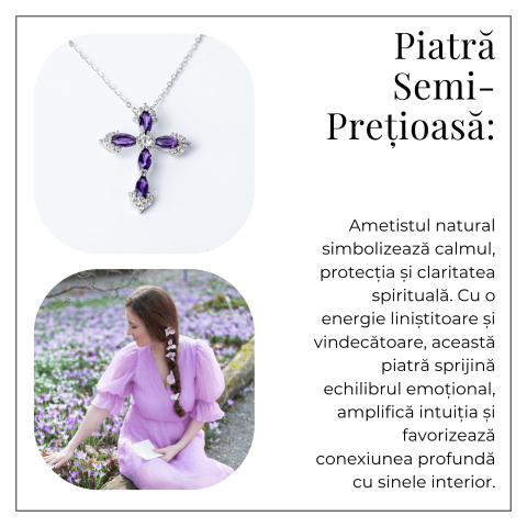 Colier Argint 925 cu Crucifix din Ametist Natural si Zirconiu – Simbol al Linistii Interioare si Protectiei Spirituale [5]