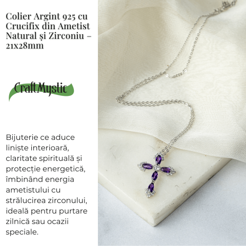 Colier Argint 925 cu Crucifix din Ametist Natural si Zirconiu – Simbol al Linistii Interioare si Protectiei Spirituale [2]