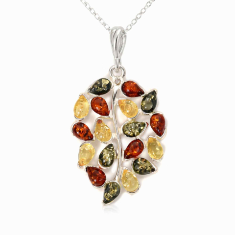 Prosperitate si Abundenta - Colier argint 925 frunza si chihlimbar multicolor natural – Vitalitate si protectie